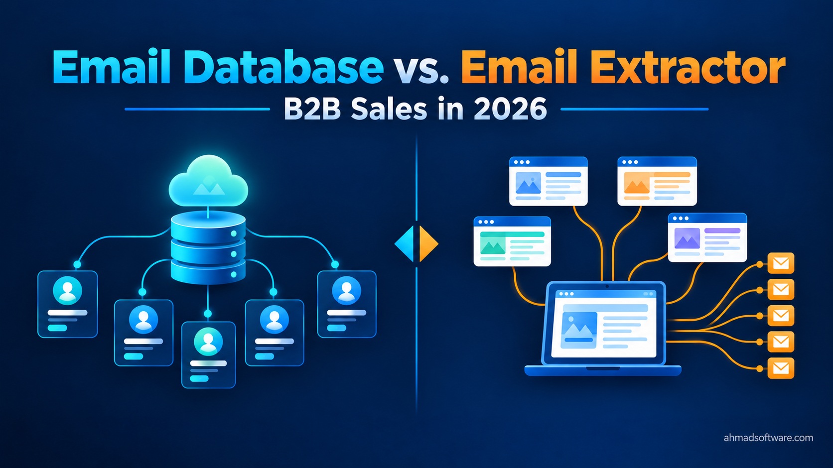 Illustration comparing an email database of named contacts with email extractor software collecting addresses from websites
