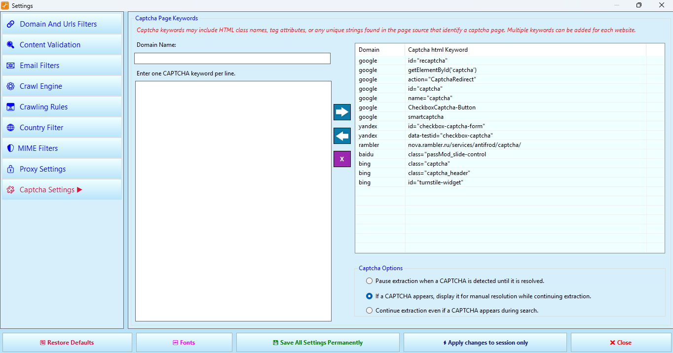 Captcha Settings tab in Settings