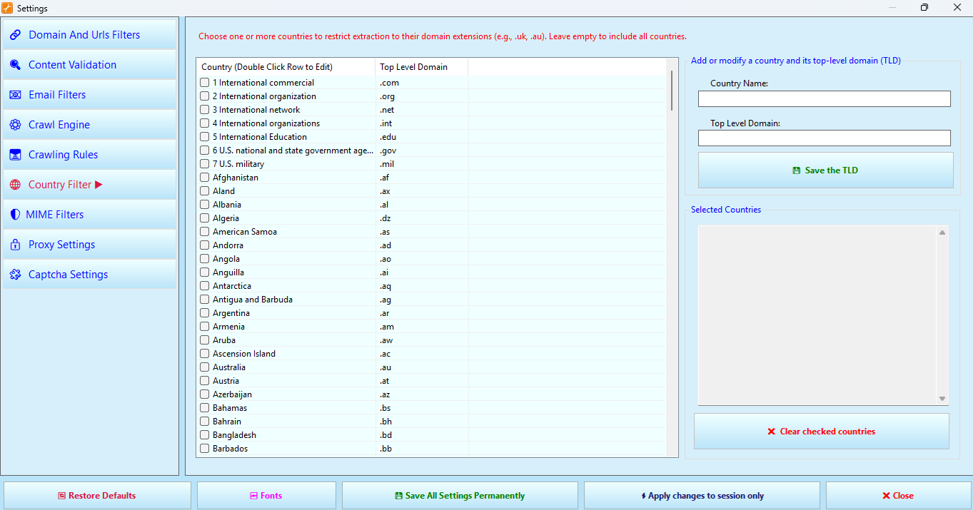 Country Filter tab in Settings
