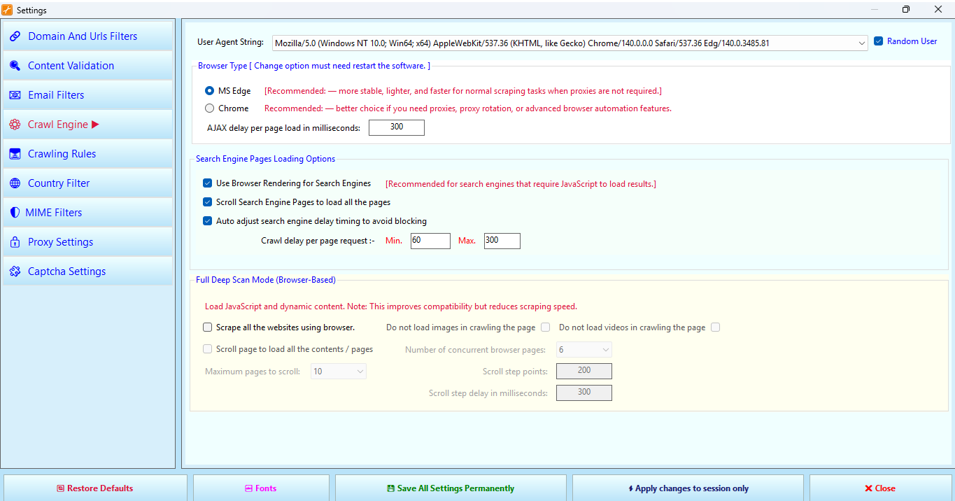 Crawl Engine tab in Settings