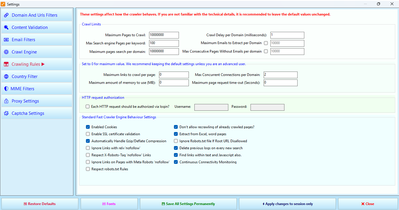 Crawling Rules tab in Settings