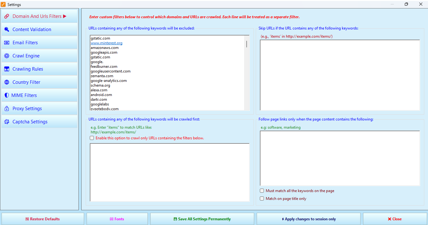 Domain and URL Filters tab (Cute Web Email Extractor Advance)