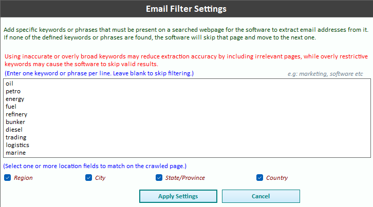 Enable Email Search Filters dialog