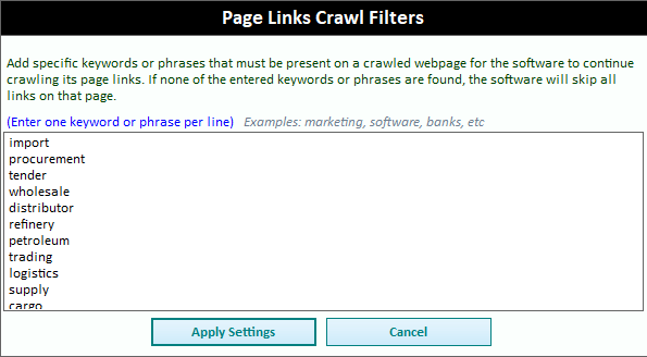 Enable Page Links Filters dialog