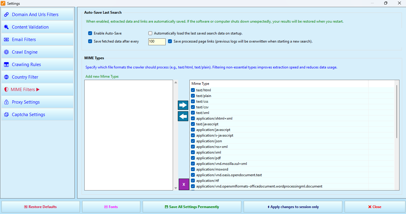 MIME Filters and Auto-Save tab in Settings