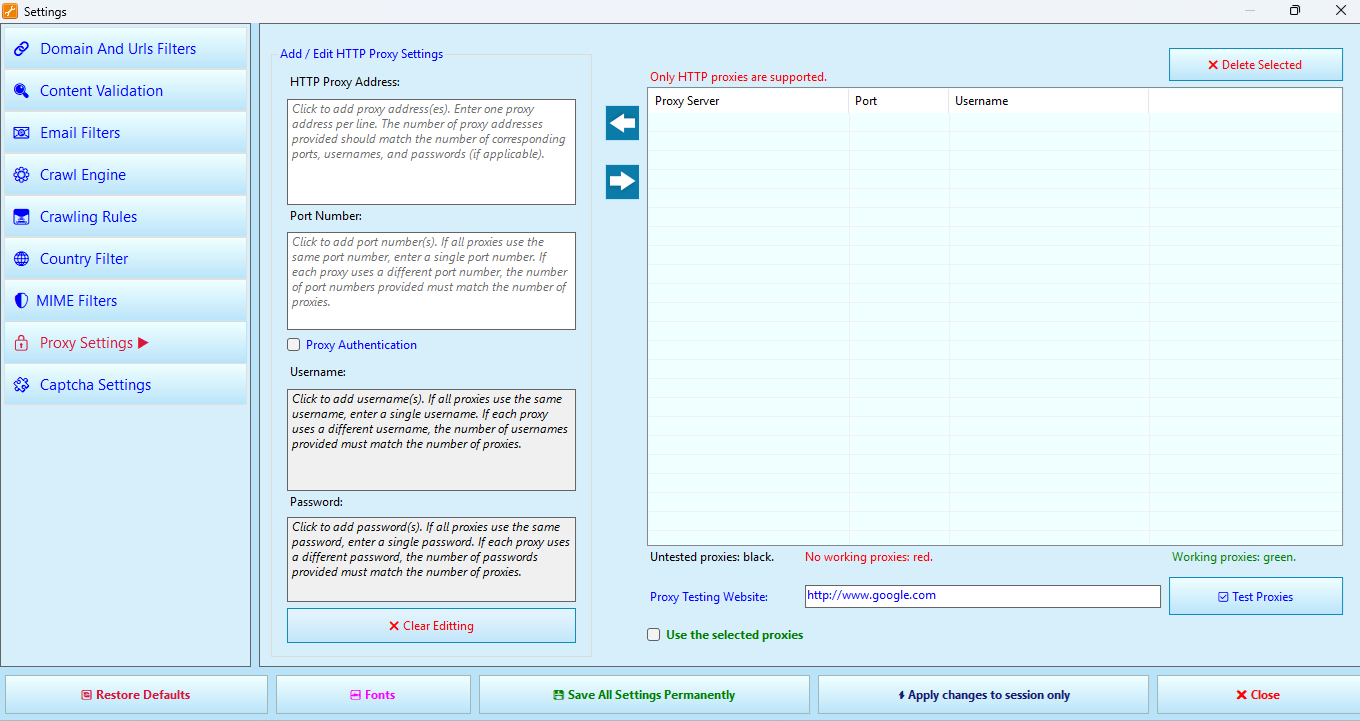 Proxy Settings tab in Settings