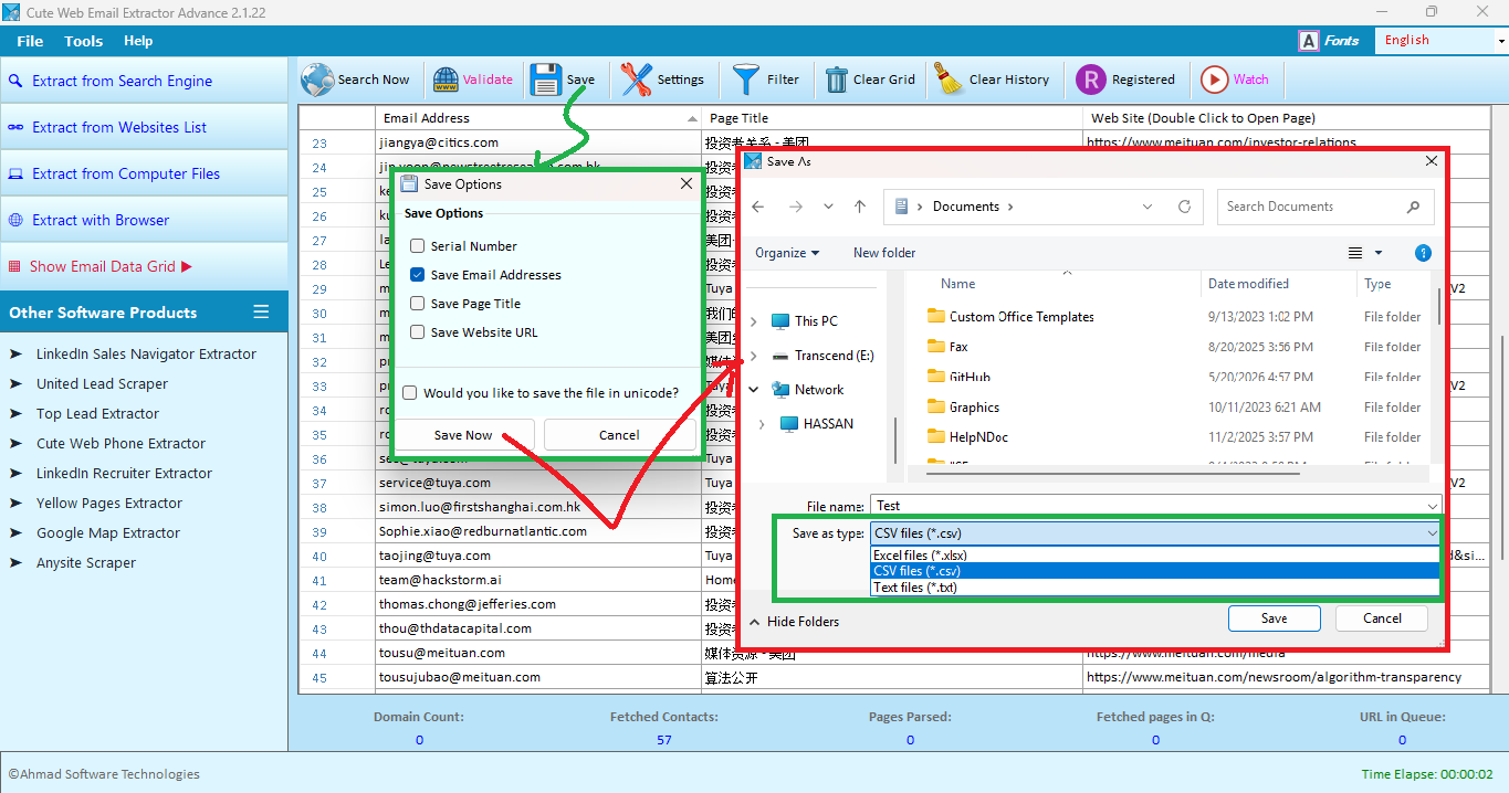 Save dialog (Excel, CSV, TXT options)