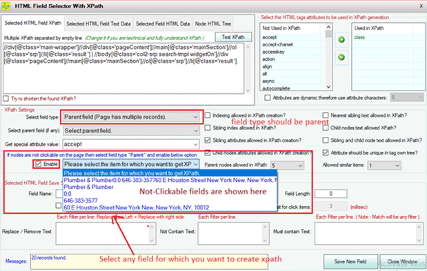 Anysite Scraper: Can I select xpath of any field if nodes are not clickable on that web page?