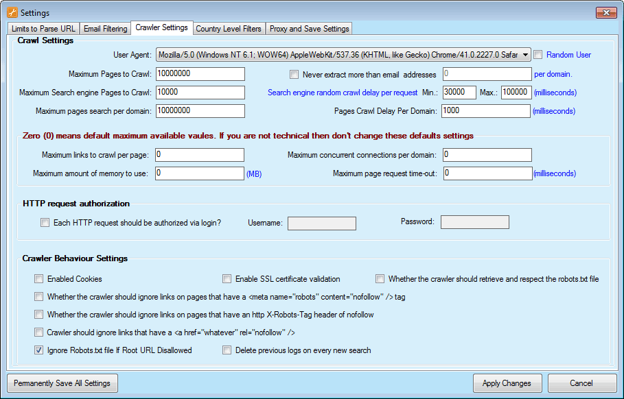 Email Extractor Crawl Settings