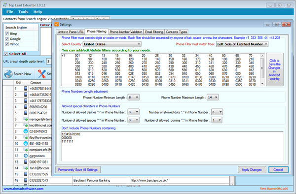 Web Lead Scraping Software Phone Number Filters Screenshot